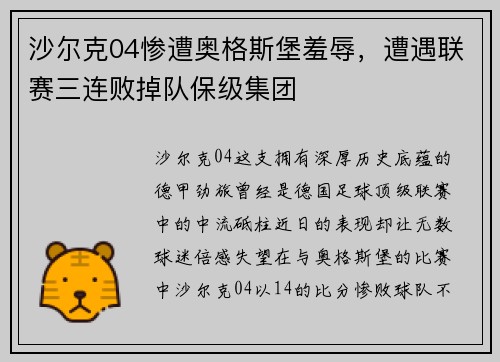 沙尔克04惨遭奥格斯堡羞辱，遭遇联赛三连败掉队保级集团
